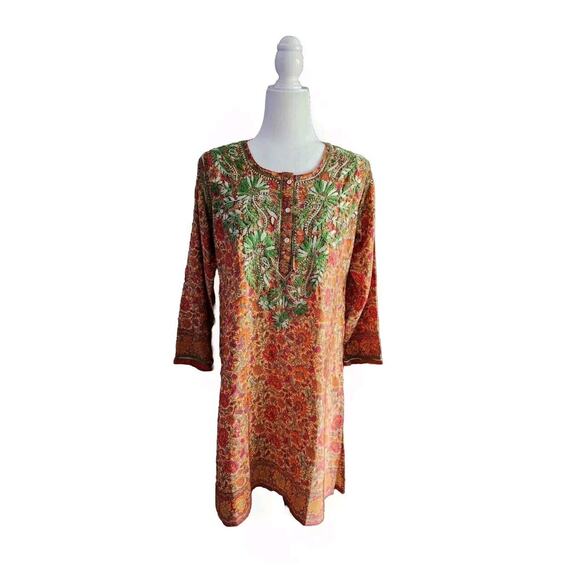 Izzband Women's Floral Silk 3/4 Sleeves Tunic Top Hand Embroidered Side Slit S - Picture 1 of 10